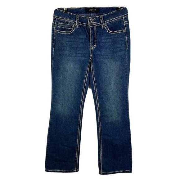 Nine West Boot Cut Denim Jeans Women's 6 Button Flap Bling Pockets Thick Stitch - Picture 1 of 8